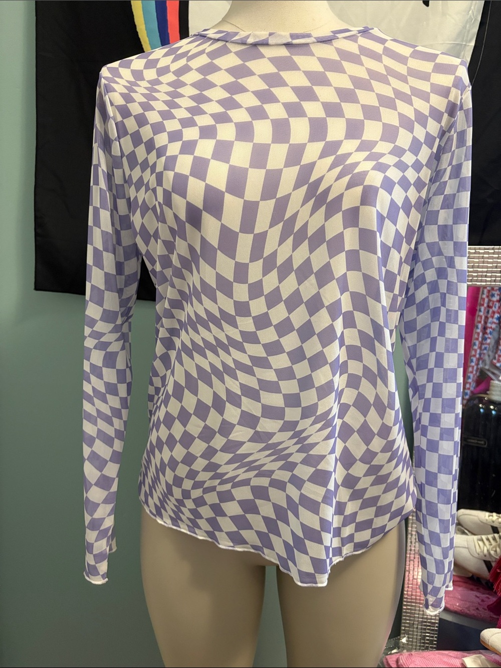 Optical-Print Long Sleeve Top in Lavender and White